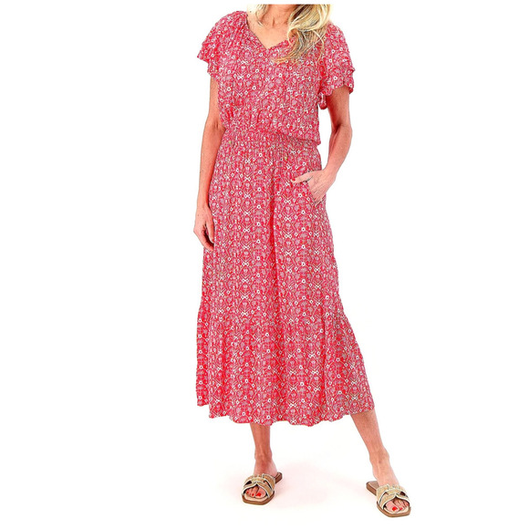 Destination 365 Printed Short-Sleeve Midi Dress Smocking - Red Abstract, Medium - Picture 1 of 1